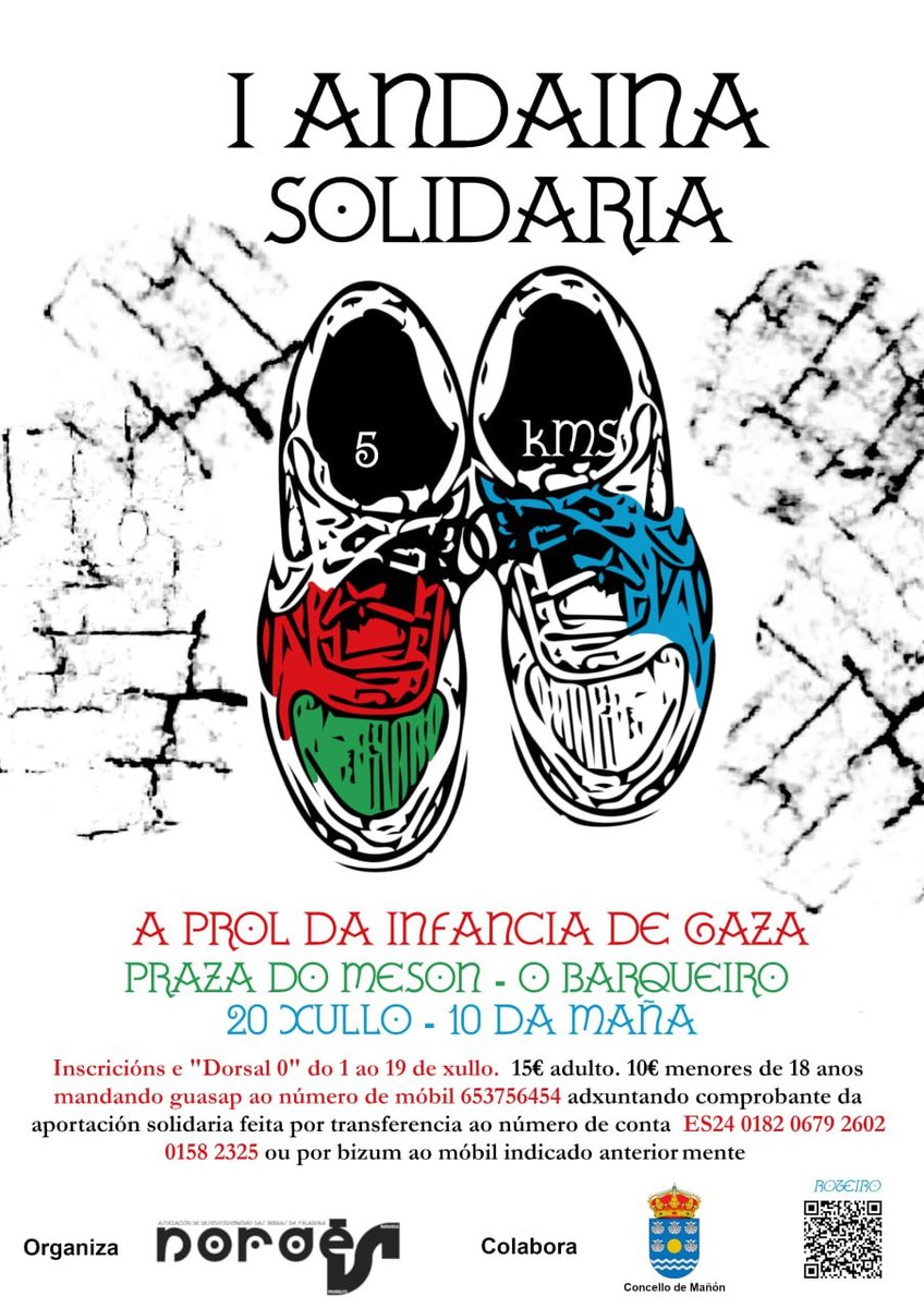 Nova actividade de Nordés!

I Andaina Solidaria, pola infancia de Gaza.
🔸Sábado, 20 de xullo | 10:00h
🔸 5 km de percorrido desde a Praza do Mesón do Barqueiro (Concello de Mañón)
🔸 Non podes asistir? Temos Dorsal 0.

Máis información na nosa bitácora virtual🧵