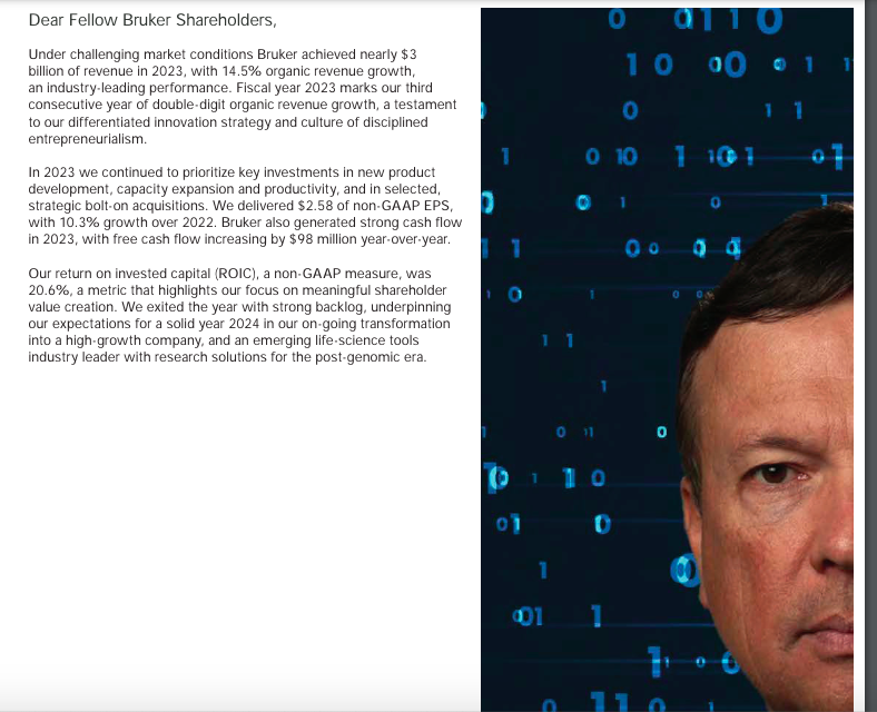 Interesting choice to put your (CEO) picture in the Letter to Shareholder section of the Annual report...

Bruker $BRKR is poised to have the fastest growth in top and bottom line among pairs in the coming 2-3 years with proteomics solution being the fastest segment.