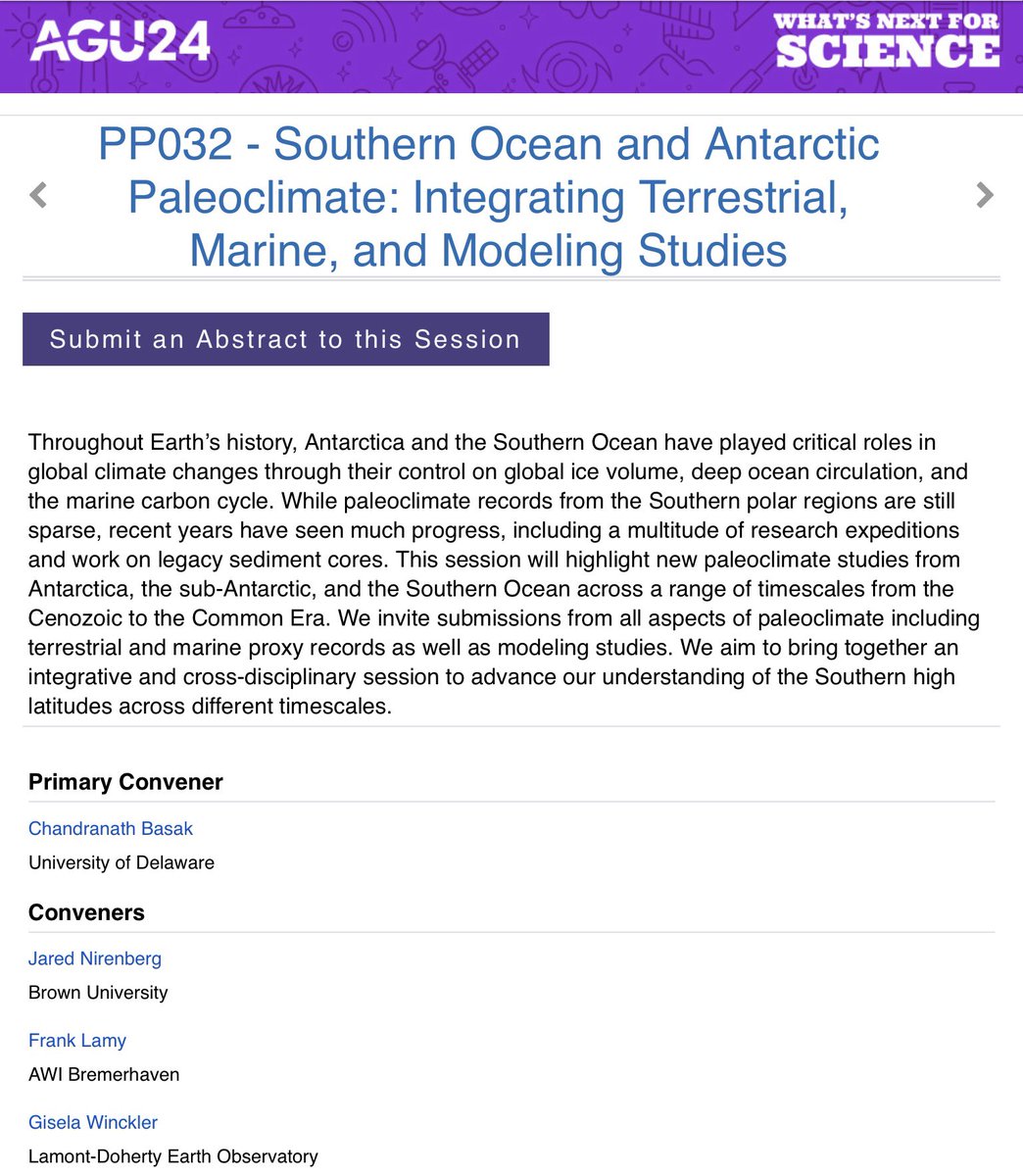 Planning to present your research on #paleoceanography or #paleoclimatology at #AGU24? Consider our <a href="/theAGU/">AGU (American Geophysical Union)</a> session “PP032: Southern #Ocean and #Antarctic Paleoclimate: Integrating #Terrestrial, #Marine, and #Modeling Studies”. Abstracts due July 31!

agu.confex.com/agu/agu24/prel…