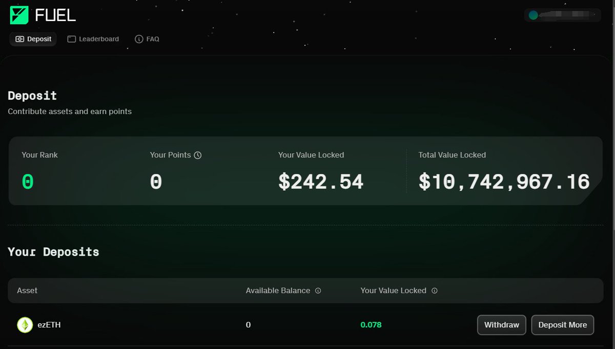 Fuel 我刚刚实验性的存了一个等值240u的ezEth，以太链花费的gas加兑换磨损（磨损1u）在5u左右

存款是最简单撸毛操作了，难的是没钱存🥹🥹

🔶兑换：app.uniswap.org/swap
🔶存款链接：app.fuel.network/earn-points/de…
🔶积分查询：app.fuel.network/earn-points/to…

积分规则