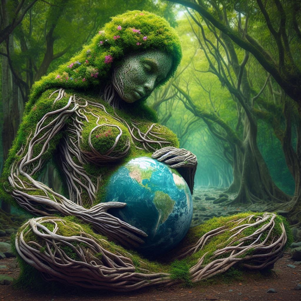 A humanoid figure of a pregnant woman made of roots sits in a green-hued forest, the womb of the woman is the planet earth

#TangraAI #AIImages #AIArt #AIGenerator  #artprompts #aigenerated #aigeneratedart