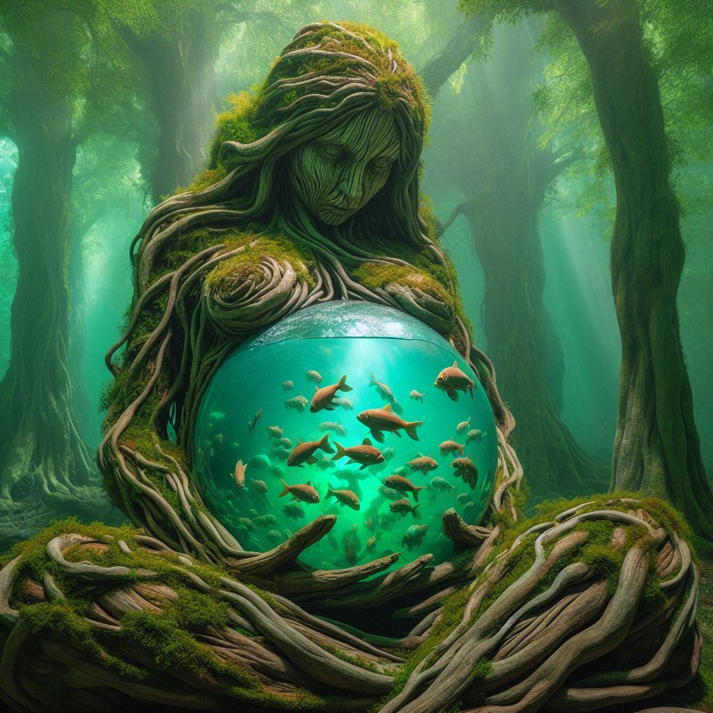 Inspired by AI-Eli Art

Prompt: an otherworldly scene: a humanoid figure of a pregnant woman made of roots sits in a green-hued forest, the womb of the woman is sphere with swimming fish

#TangraAI #AIImages #AIArt #AIGenerator  #artprompts #aigenerated #aigeneratedart