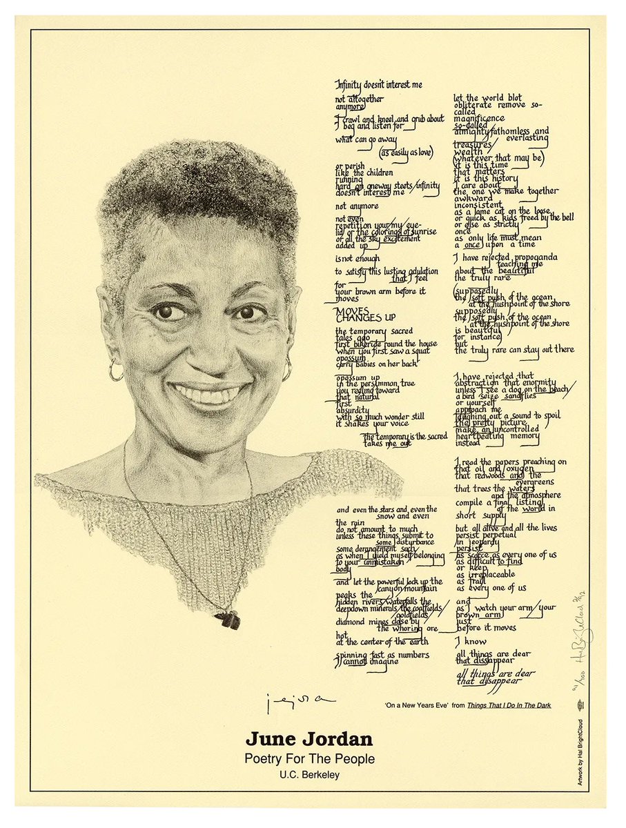 “We are the ones we have been waiting for.” ✨

June Jordan, a trailblazing queer poet, was born #OTD in 1936.

Jordan was a @Cal professor and founded Poetry for the People, or P4P.

She lives on through P4P, which teaches students the power of poetry to change the world. 🌎🕊️