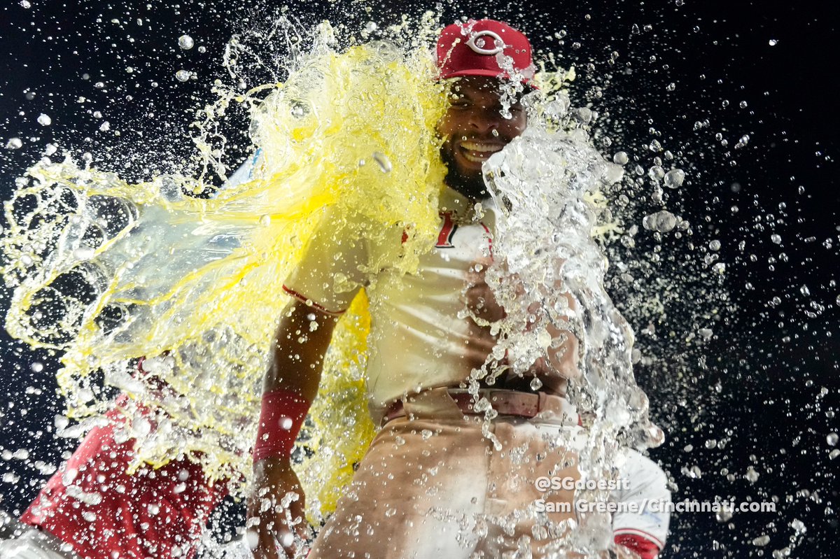 Rece Hinds receives the splashdown after his MLB Debut. #Reds