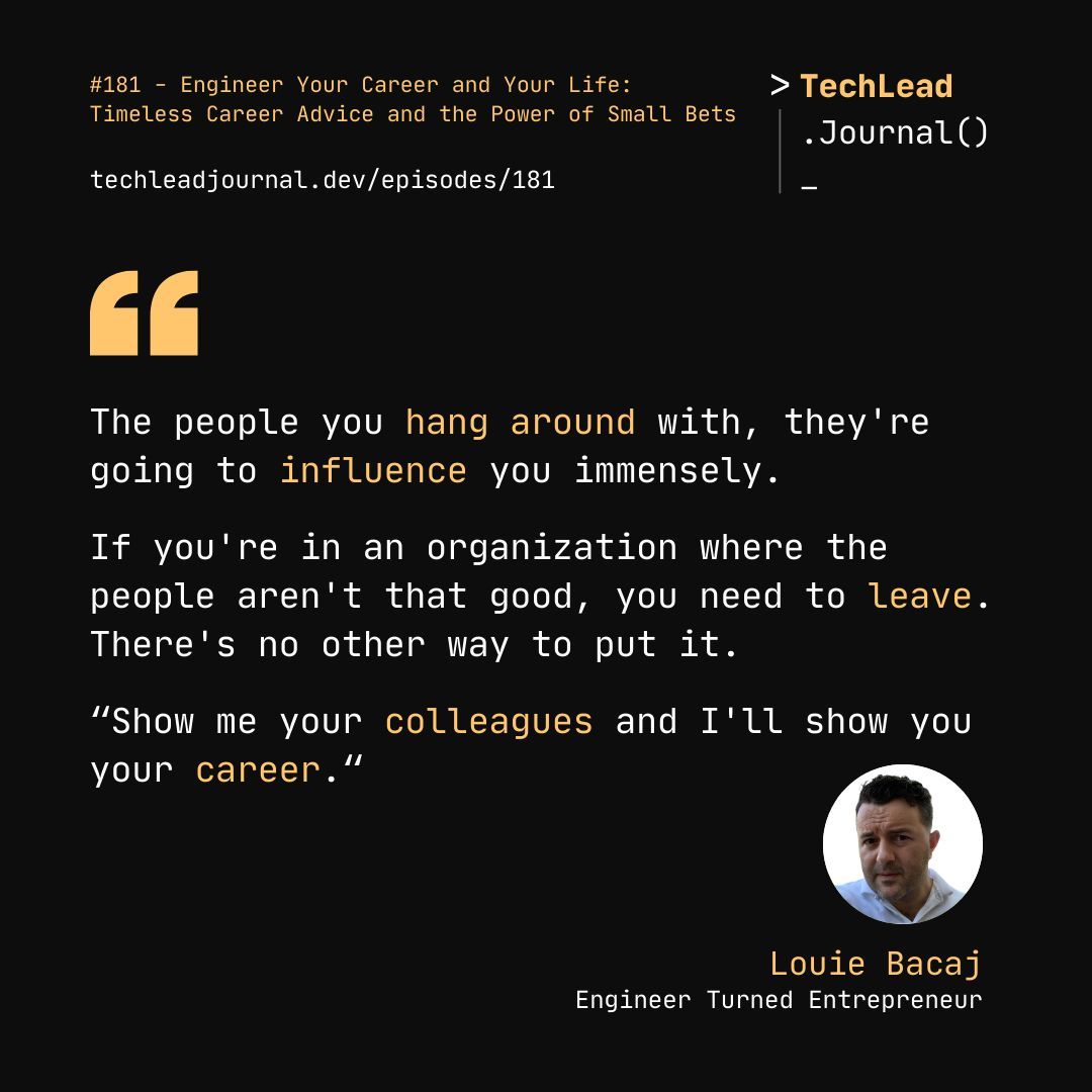 techleadjournal's tweet image. Actively choose your professional circle and surrounding yourself with people who will inspire, challenge, and support your career development.

Hear more from@LBacaj in episode 181
techleadjournal.dev/episodes/181