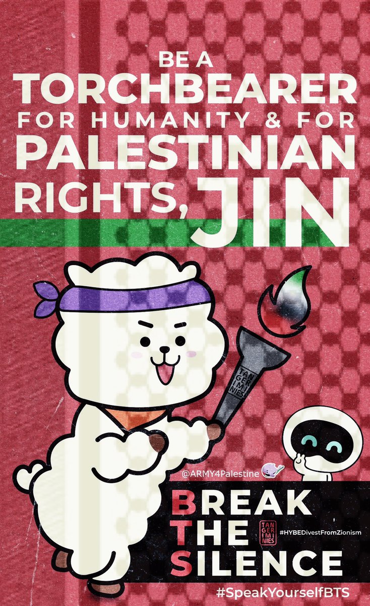 ARMY4Palestine's tweet photo. The devil works hard, but Weverse works harder trying to silence pro-Palestine ARMYs. So here are some slightly changed versions of the graphic, so they don’t get banned. You can post them as a regular post too if you’re out of fan letters. Don’t forget add a unique message and use the hasntag #JinCarryTheTorchOfHope ! And keep trending the usual divestment tags here on X.