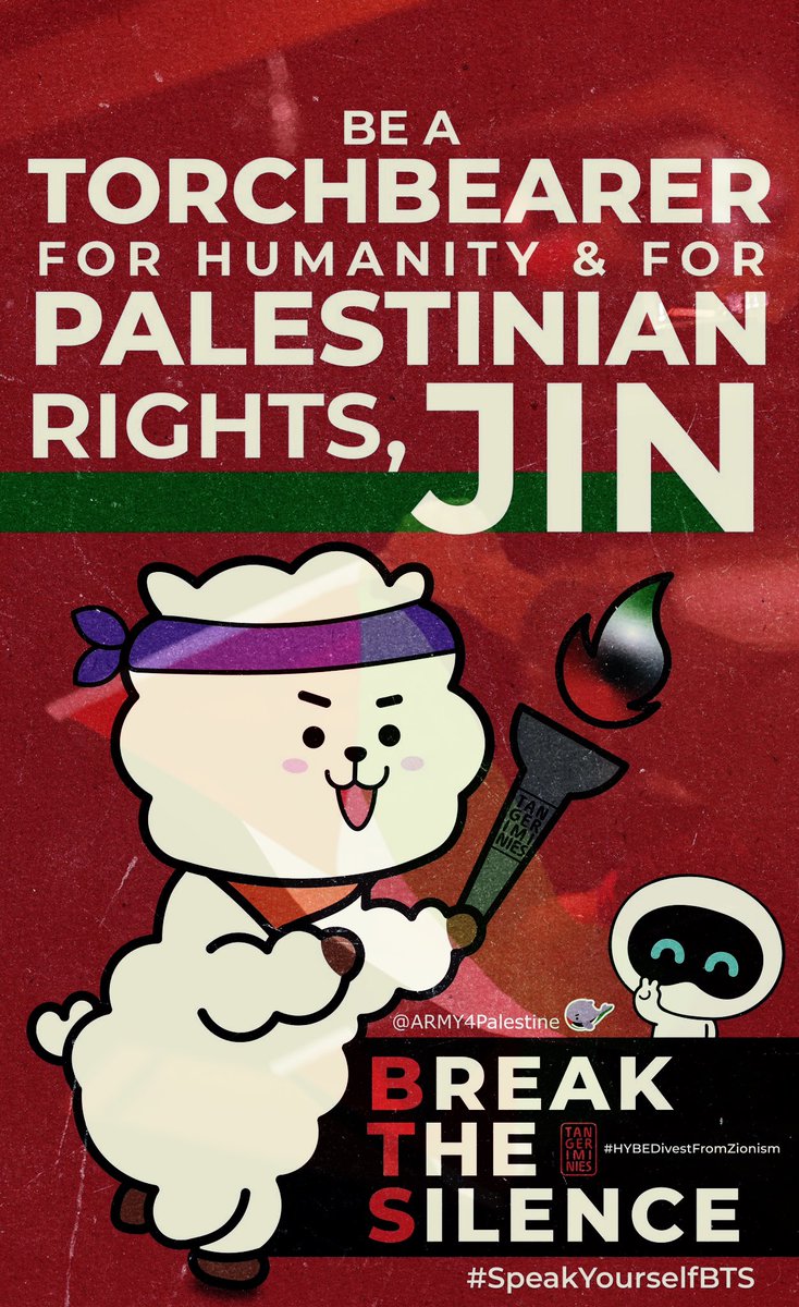 ARMY4Palestine's tweet photo. The devil works hard, but Weverse works harder trying to silence pro-Palestine ARMYs. So here are some slightly changed versions of the graphic, so they don’t get banned. You can post them as a regular post too if you’re out of fan letters. Don’t forget add a unique message and use the hasntag #JinCarryTheTorchOfHope ! And keep trending the usual divestment tags here on X.