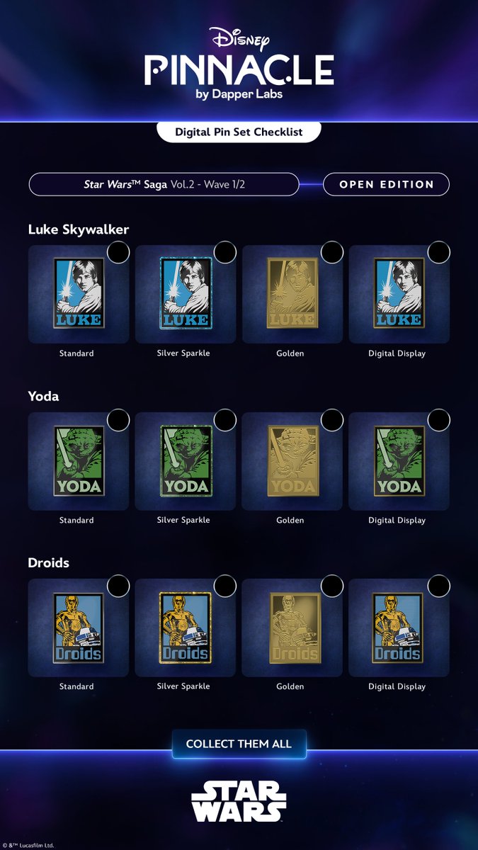 DisneyPinnacle's tweet photo. ✍🏻Track your progress as you collect each digital pin in the Star Wars™ Saga Vol.2 set!
1. Download this image⬇️
2. Mark each checkbox as you collect each pin variant✅
3. Show off your progress by sharing on your socials with #DigitalPinSet🎉" https://t.co/9xTtgclabJ