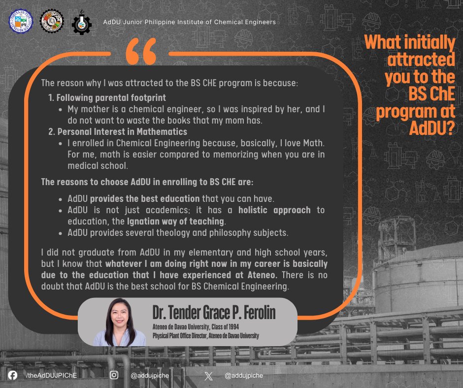 addujpiche's tweet photo. ChEstimonial Series | Part 1

Grace your way to excellence in chemical engineering at Ateneo de Davao University, just like Dr. Tender Grace P. Ferrolin did.

ENROLL NOW! 🔗https://t.co/Zuts3hXrNI
CHOOSE ChE🩶, CHOOSE ATENEO💙

#JPIChEAdDU
#ChooseChE
#ChooseAteneo https://t.co/Wr2Q7JqpSf