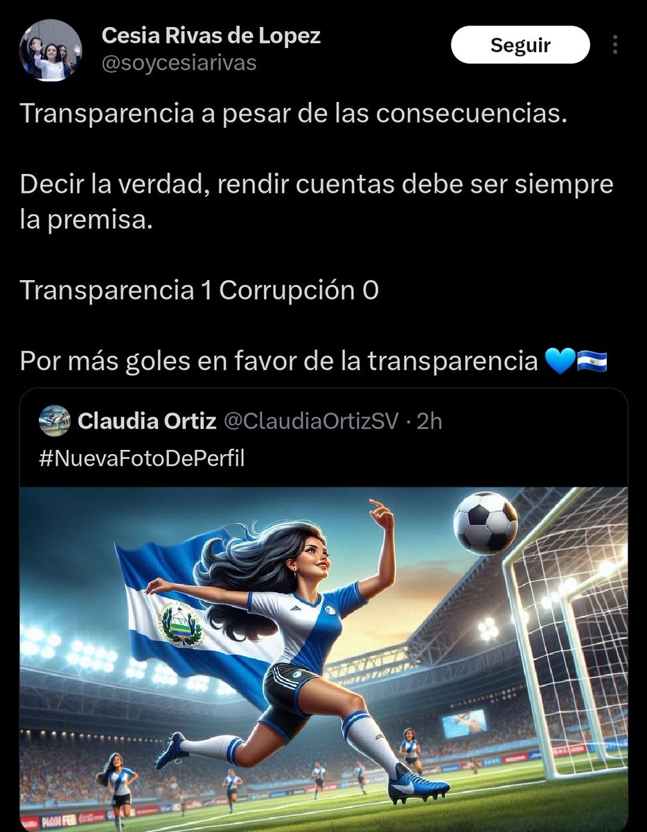 LasCosaComoSon_'s tweet photo. #Política | "Transparencia 1 corrupción 0, por más goles a favor de la transparencia"
Reacción de la secretaria general de Vamos, Cesia Rivas (@soycesiarivas), al cambio de foto de perfil de la diputada Claudia Ortiz (@ClaudiaOrtizSV). https://t.co/CtUk7Stomu