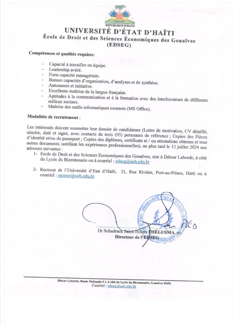 UEHAITI's tweet photo. Avis de recrutement d'un (e) secrétaire général (e) pour l'Ecole de Droit et des Sciences Économiques des Gonaïves (EDSEG)

https://t.co/snKMjIJMr4 https://t.co/YOXmLWUcv1