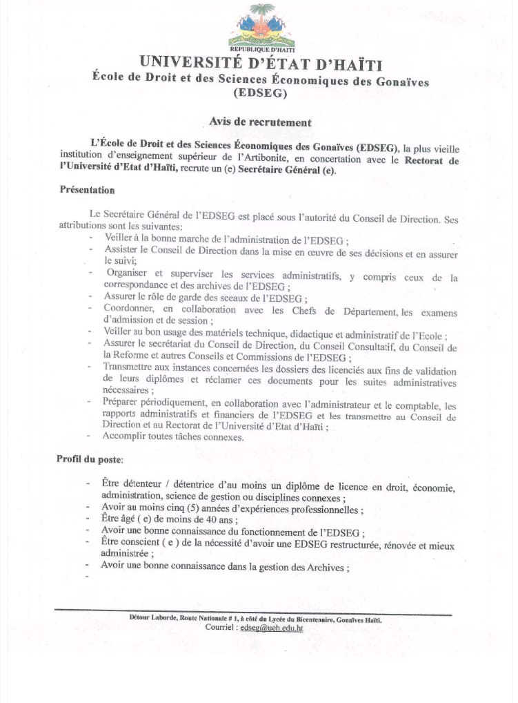 UEHAITI's tweet photo. Avis de recrutement d'un (e) secrétaire général (e) pour l'Ecole de Droit et des Sciences Économiques des Gonaïves (EDSEG)

https://t.co/snKMjIJMr4 https://t.co/YOXmLWUcv1