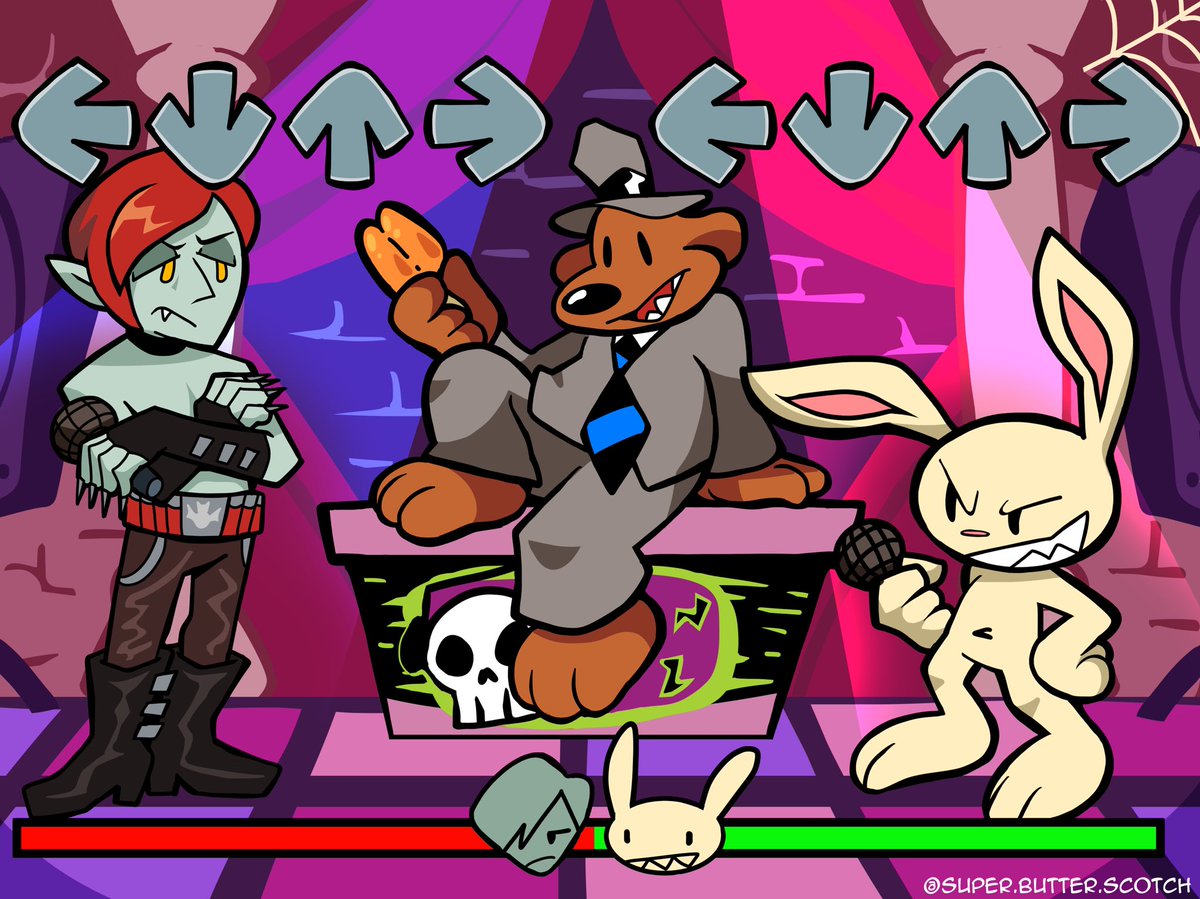ScotchSuper's tweet photo. Sam &amp; Max  X Friday Night Funkin’ Mock up!

I have ideas for a potential mod of this game - buuut I don’t own FNF now do I know how to mod games - sooooo here’s a fake screenshot!

Speedpaint in 🧵 https://t.co/jVp9j0Fh8f