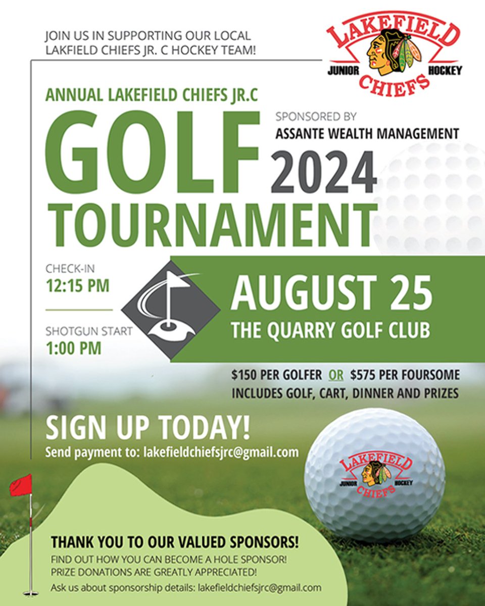 Lakefield Chiefs (@chiefs_jrc) on Twitter photo Calling all golf enthusiasts and hockey fans! Tee off for a cause at our annual fundraiser golf tournament at <a href="/QuarryGolf/">Quarry Golf Club</a> in support of our local Jr. C hockey team.
Join us for a day of fun and community spirit on Aug. 25 at 1 pm. More info: lakefieldchiefs.pjhlon.hockeytech.com/annual-golf-to… Calling all golf enthusiasts and hockey fans! Tee off for a cause at our annual fundraiser golf tournament at <a href="/QuarryGolf/">Quarry Golf Club</a> in support of our local Jr. C hockey team.
Join us for a day of fun and community spirit on Aug. 25 at 1 pm. More info: lakefieldchiefs.pjhlon.hockeytech.com/annual-golf-to…