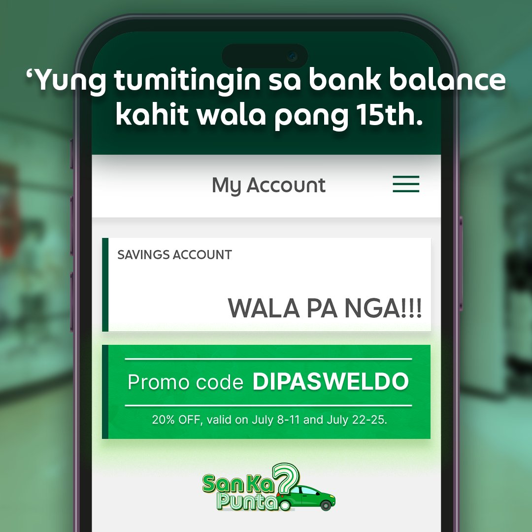 grabph's tweet photo. Beke nemen! Buti na lang may Savers hack kami for you. πͺπ
Book GrabCar Saver for up to 15% cheaper fares and use code: DIPASWELDO to get 20% OFF, mura na mas pinamura pa, sulit βdi ba? Book ka na! #SanKaPunta ππ
T&Cs apply.
Valid from July 8-11 and July 22-25. https://t.co/BpdaTvIrYK