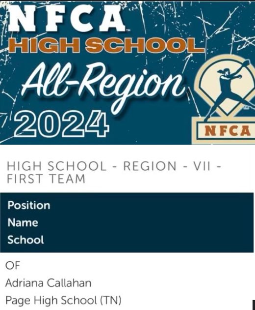 Grateful and honored to be named an NFCA First Team All-Region 7 (Southeast) Outfielder!

<a href="/Softball_Page/">Page High Softball</a> <a href="/JessicaAllister/">Jessica Allister</a> <a href="/ExtraInningSB/">EXTRA INNING SOFTBALL</a> <a href="/NFCAorg/">National Fastpitch Coaches Association</a> <a href="/MojoFisher18u/">Tennessee Mojo - Ramsey / Fisher</a>