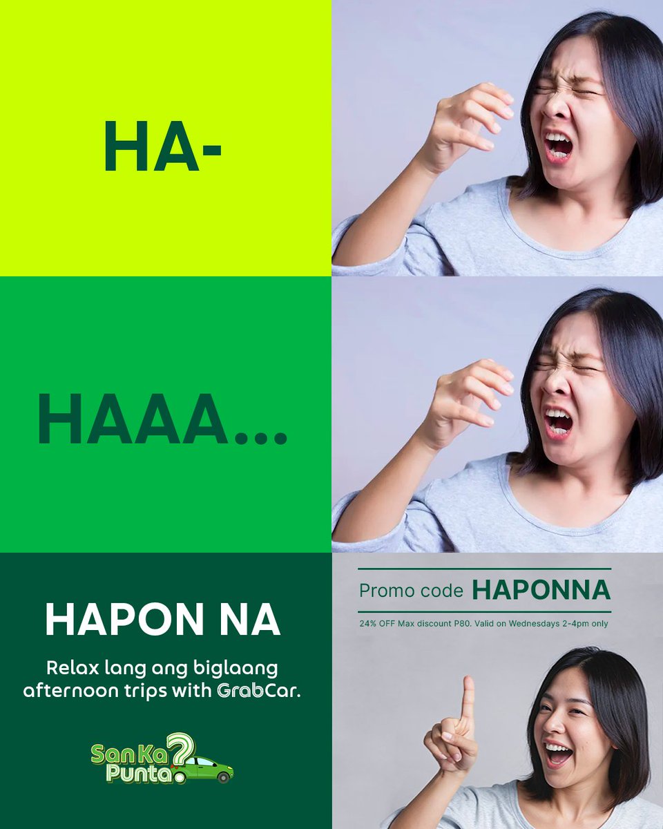 grabph's tweet photo. Excuse me! Nag-haching lang ng Savers tipid hack. π€§ #SanKaPunta?
Use GrabCar Saver for 15% cheaper fares + code: HAPONNA for 24% OFF on your afternoon trips. BOOK now! ππ
T&Cs apply.
Valid on Wednesday from 2-4PM only. https://t.co/MxdnUZkCgJ