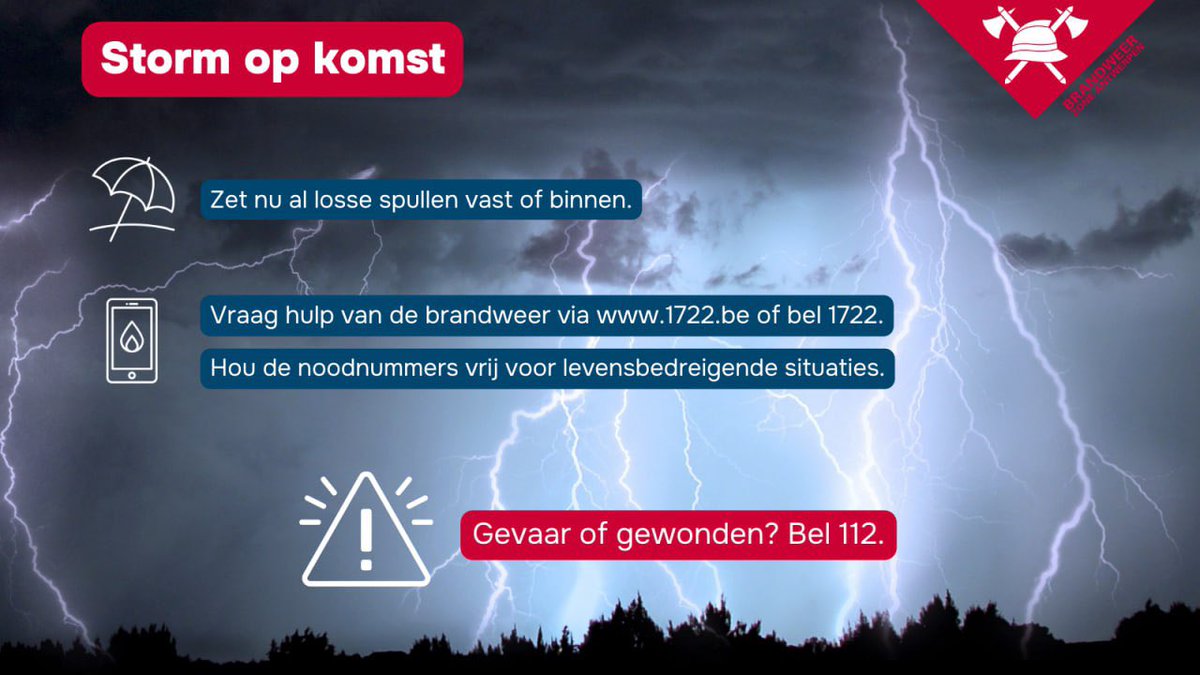 Er is straks kans op #onweer en #storm, met veel regen en hevige windstoten. 

Heb je hulp nodig van de brandweer? Gebruik dan het e-loket via 1722.be en hou zo de noodnummers vrij voor noodgevallen.