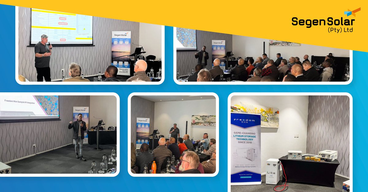 SegenSolar's tweet photo. Another successful training event with #FreedomWon and @SunsynkLtd for the books!
We had record-breaking attendance for our recent technical presentation in #CapeTown, with 63 customers joining us to discover the latest low-voltage and high-voltage products. https://t.co/fduLq5p4sg