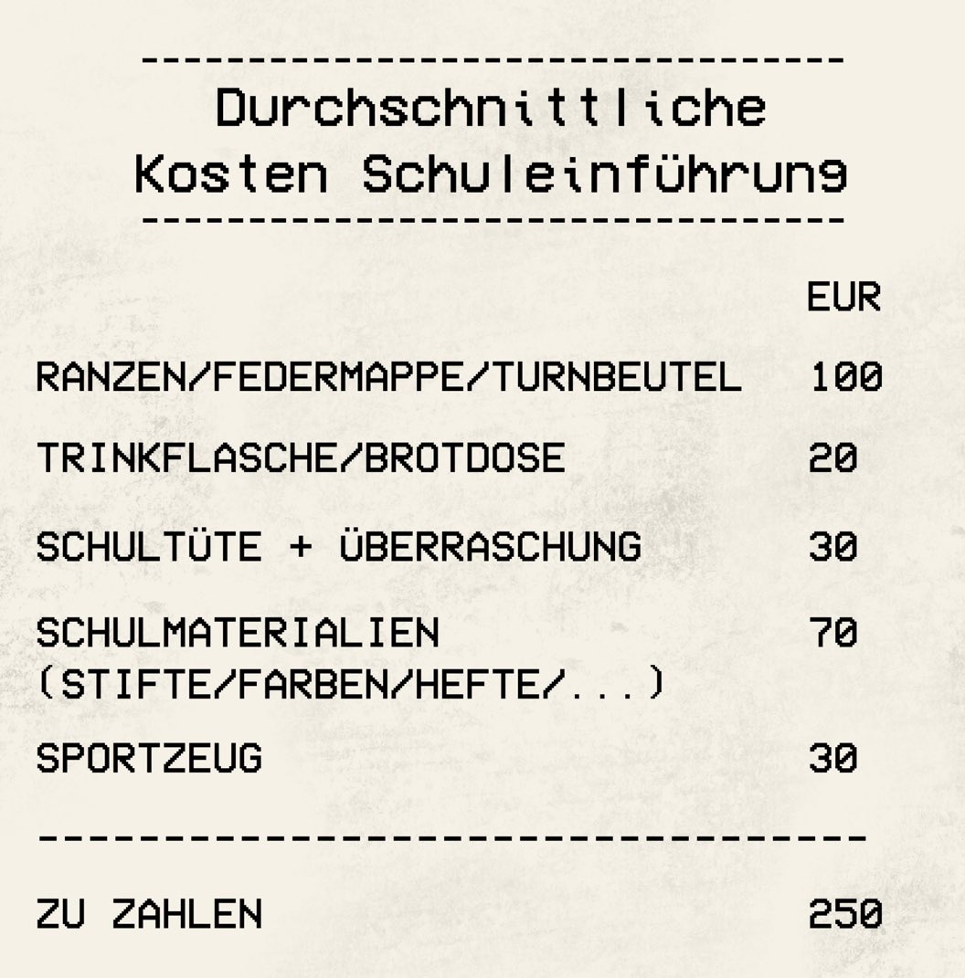 sanktionsfrei's tweet photo. Setzt man auf Gebrauchtes &amp; legt keinen Wert auf Qualität kommt man mit allen Augen zudrücken auf Kosten i.H.v. 250 €. Die Familienfeier fällt dann aber weg. Vom Staat gibt es im ersten Schulhalbjahr nur 130 €. So sind Kinder in Bürgergeld schon vor dem 1. Schultag abgehängt. https://t.co/NXVPzV0Yrl