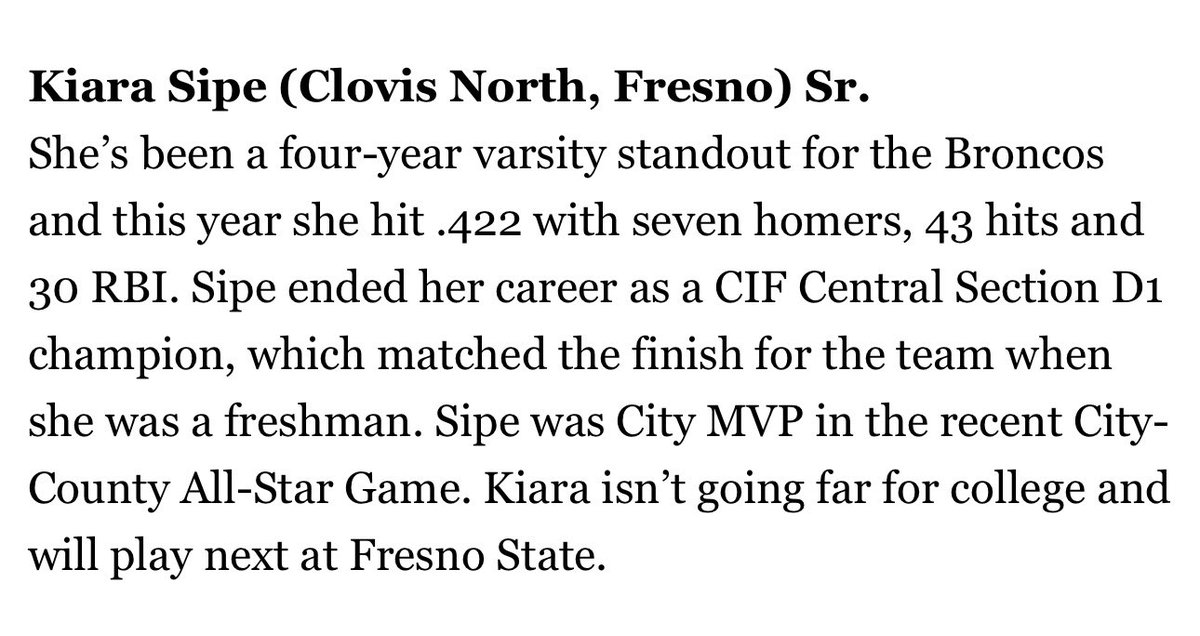 Kiara “Ki” Sipe (@kiarasipe) on Twitter photo Thank you <a href="/CalHiSports/">Cal-Hi Sports</a> for selecting me to the All-State Softball 1st Team Overall Infield.
<a href="/CNSoftball/">Clovis North Softball</a> Thank you <a href="/CalHiSports/">Cal-Hi Sports</a> for selecting me to the All-State Softball 1st Team Overall Infield.
<a href="/CNSoftball/">Clovis North Softball</a>