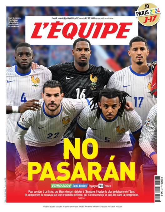 La portada de L'Equipe. 
Francia está haciendo una Eurocopa decepcionante, por muy bien que defiendan yo creo que España ha demostrado juego suficiente para ganarles. España debería ganar hoy, lo tengo clarísimo.
