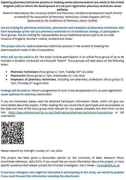 📢 Research invite: Exploring pharmacy technician practice in meeting unmet pharmaceutical care needs in the UK to inform the development of a UK post-registration pharmacy technician career pathway. See image &amp; follow tinyurl.com/4dkeytdp for more information 1/3
