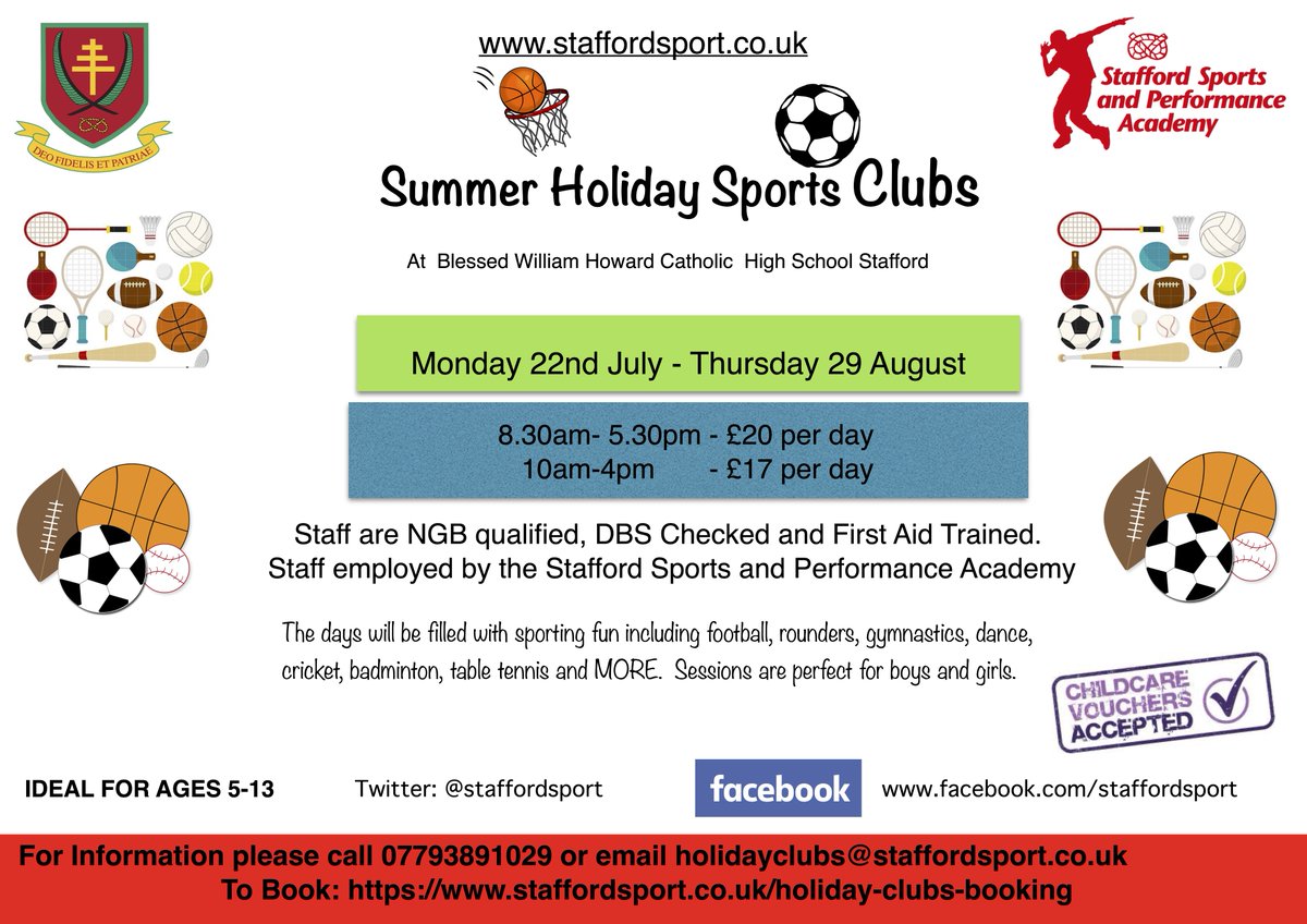 BOOKINGS NOW OPEN! OFSTED Approved Club.
Summer HOLIDAY SPORTS CLUBS in Stafford
Monday 22nd July to Thursday 29th August
8.30am-5.30pm £20 or 10am-4pm £17
Childcare Vouchers accepted.
loom.ly/jYqaG2E
holidayclubs@staffordsport.co.uk
07793 891029