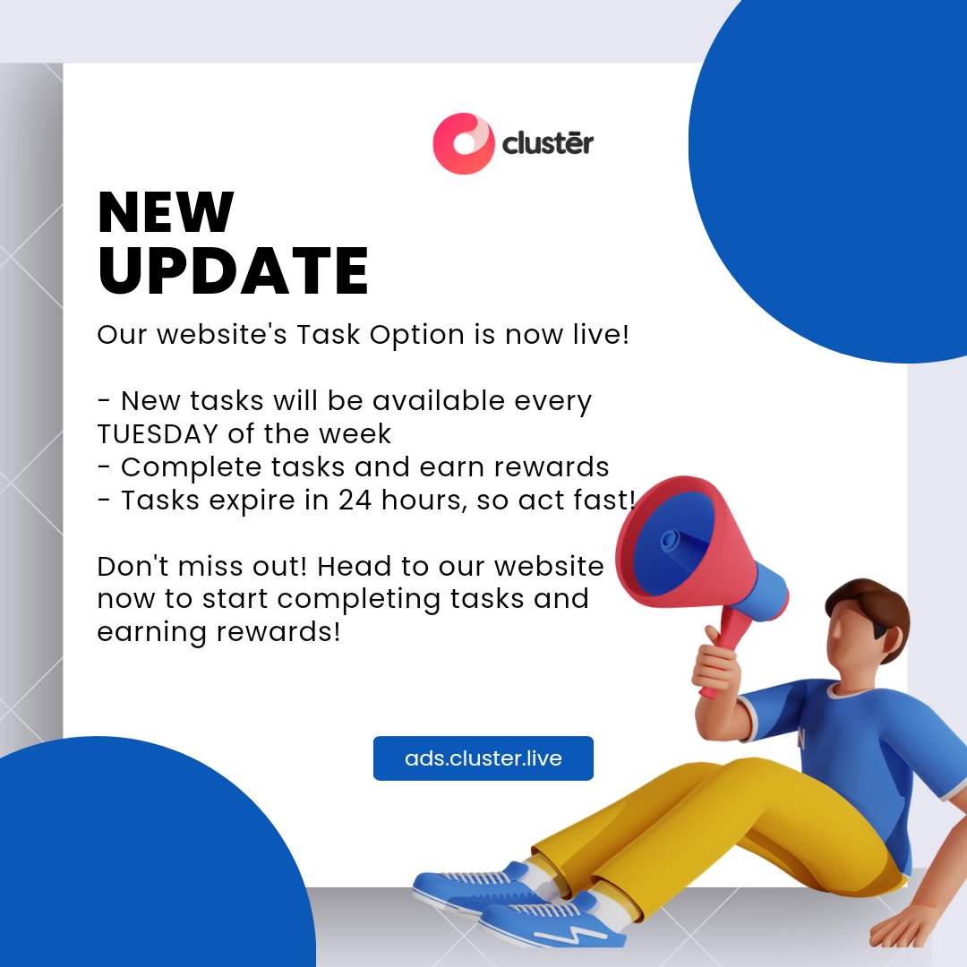 clusterliveapp's tweet photo. Exciting News! Our Task Option is now live! Get ready to receive new tasks every Tuesday! Stay ahead of the game and tune in weekly for fresh challenges and opportunities to grow! #TaskTuesday #NewUpdates #StayTuned #GrowthMindset #Productivity #11THARMYDAY #bac2024  #Toto #Tyga https://t.co/OMCfTeYQAw