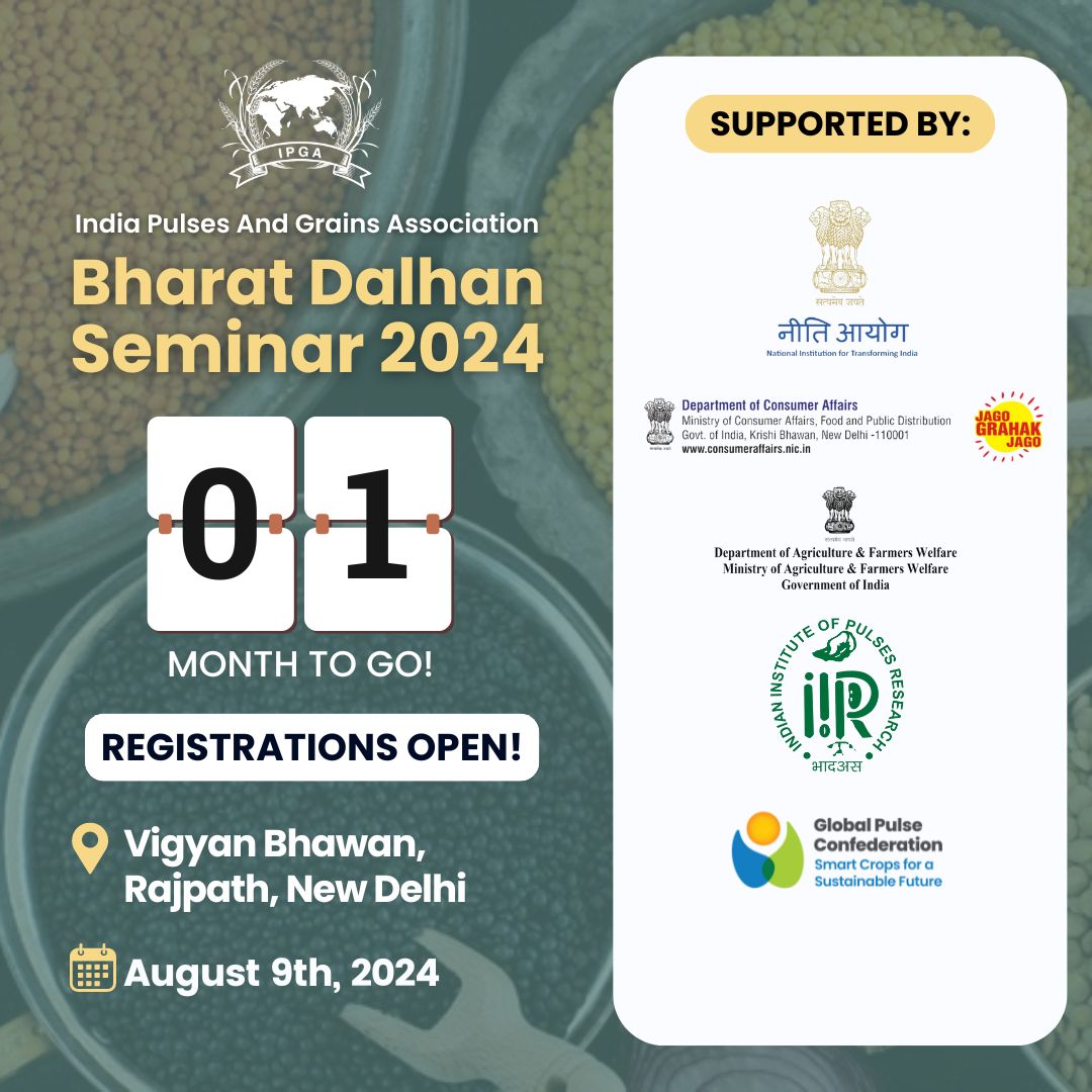 📢 Just 1 month to go! Join us at the Bharat Dalhan Seminar 2024 🗓️

📍Vigyan Bhawan, New Delhi.
📅 August 9th, 2024.

Registrations are now OPEN! 📝(Use Link Below)
 ipga.co.in/bds-2024/

#BharatDalhanSeminar #IPGA #Pulses #Grains #Agriculture #SustainableFarming