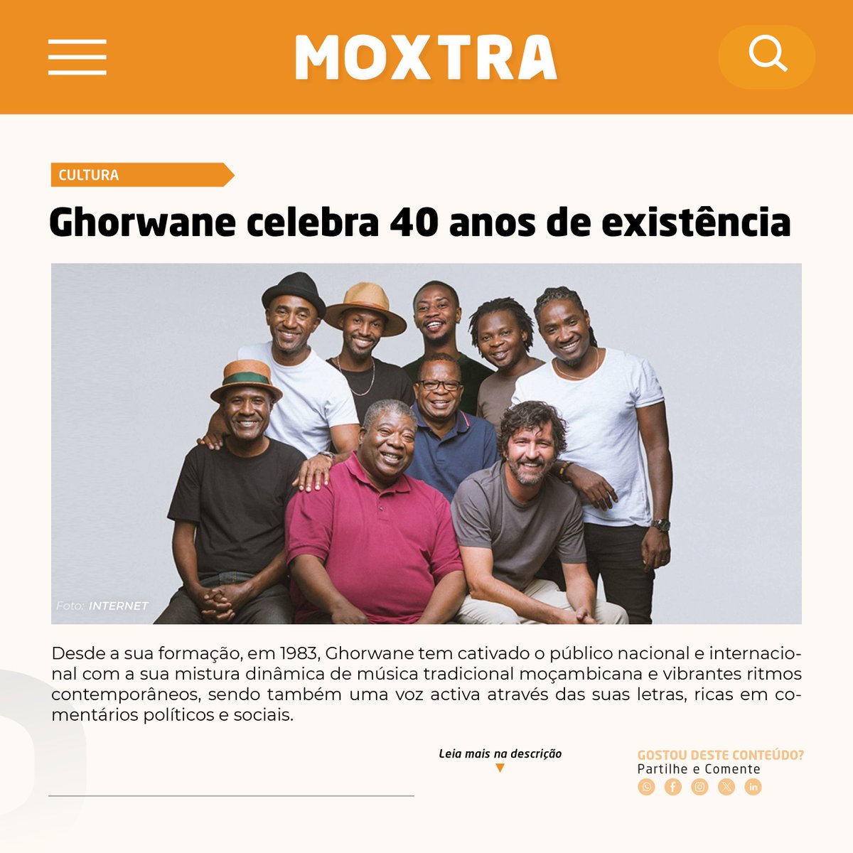 Moxtra_'s tweet photo. GHORWANE CELEBRA 40 ANOS DE EXISTÊNCIA

A emblemática banda celebrou 40 anos de carreira com 2 concertos especiais na Sala Grande do CCFM, na Cidade de Maputo. 
#moxtra #idolo #jornal #revista #notícias #ghorwane #ccfm https://t.co/FRCRgvk6HT