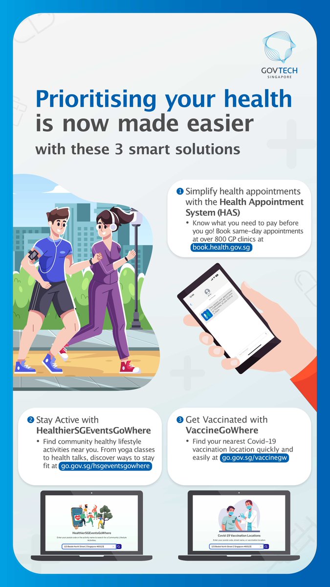 GovTechSG's tweet photo. How can tech help you prioritise your well-being in Singapore?
Check out our list of smart innovations designed to help you stay healthy and informed.
#SmartNationSG #HealthAppointmentSystem #GoWhere #HealthierSG #TechForPublicGood #GovTechSG https://t.co/jkNQRuAsoL