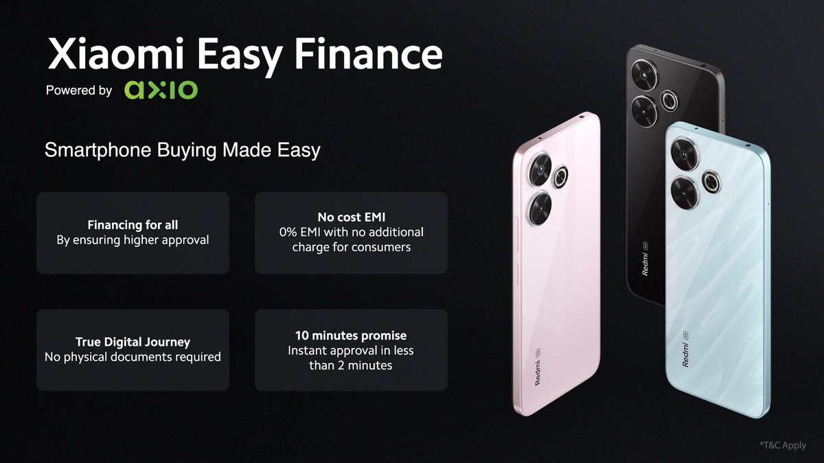 XiaomiIndia's tweet photo. Get the all-new #Redmi13 5G with ease!

Owning #Redmi13 5G will be simpler than ever with Xiaomi Easy Finance powered by @add_axio. Enjoy stunning features without any hassle!

Upgrade to #Redmi13 5G on 12th July! Starting at ₹12,999*.

Know more: https://t.co/jE61uCAnmE https://t.co/q4CuIFNPir