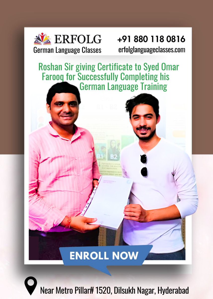 roshanagarwal6's tweet image. 💐 Congratulations to Syed Omar Farooq on successfully completing German language training with Erfolg Language Classes! 🎉

Contact: +91 880 118 0816 

 📍 Near Metro Pillar #1520, Dilsukh Nagar, Hyderabad. 
 
#ErfolgLanguageClasses #GermanLanguageTraining #Languages