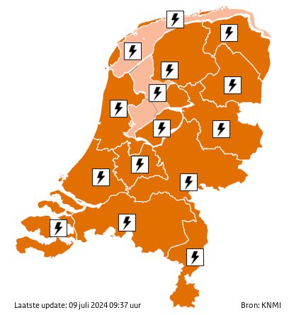 Vanaf eind van de middag in het zuidwesten en vanavond in de rest van het land is er kans op zware onweersbuien die van het zuidwesten naar het noordoosten over het land trekken. Hiervoor geldt codeoranje. knmiwaarschuwing knmi.nl