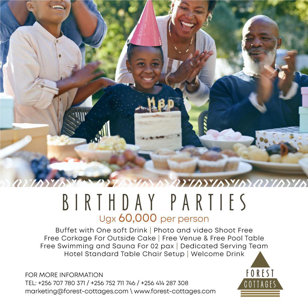 Blow Out the Candles and Let the Fun Begin! Book Your Birthday Bash Now!
To make a reservation, visit forest-cottages.com or contact us on +256 707 780 371 / +256 752 711 746