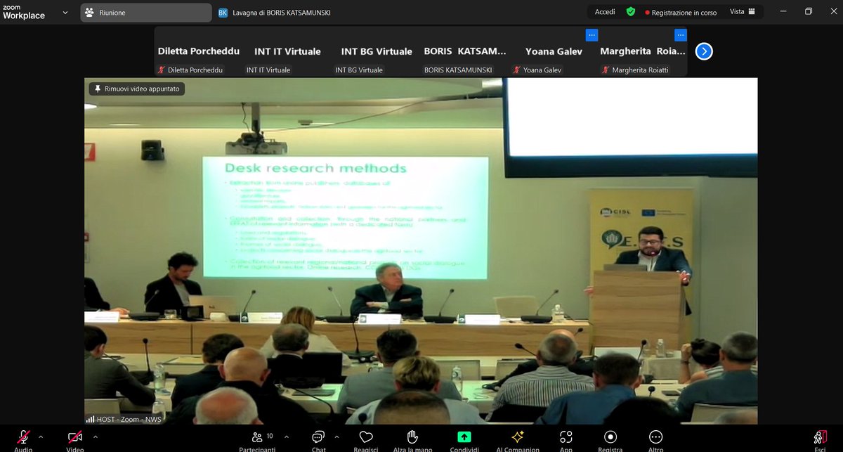 DPorcheddu's tweet photo. The #EATSproj is coming to an end at the @EFFAT_org headquarters in Brussels. @francescoseghez is now presenting the main research results of the project, including the #Guidelines on #socialdialogue in the #agrifood sector, developed with @CNRIrpps and Fondazione @fai_cisl. https://t.co/e80dMo1zaP