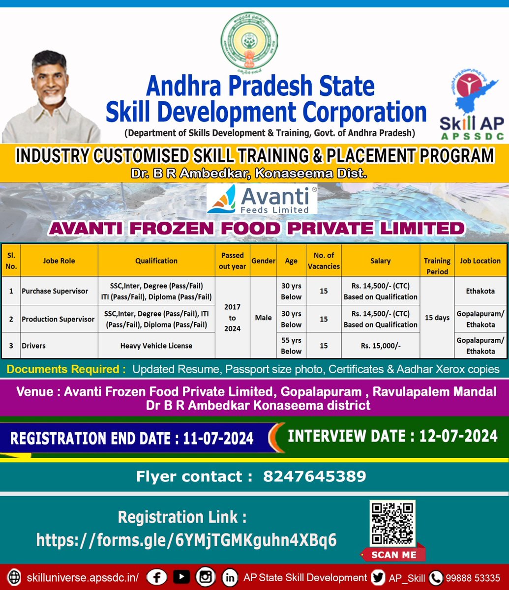AP_Skill's tweet photo. APSSDC - Avanti Feeds Limited - Industry Customized Skill Training & Placement Program (#icstp)
Registrations are Opened
For more details on eligibility visit https://t.co/tnb6ck1677
Contact: For any details : 8247645389,
Apssdc helpline : 99888 53335 https://t.co/IPzvRu3FVn