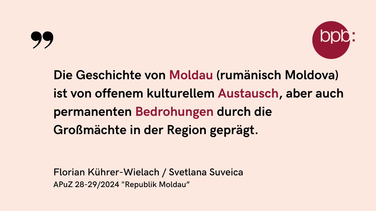 APuZ_bpb's tweet photo. Das Ringen um Selbstbestimmung gehört zum historischen Erbe von #Moldau. @flokuewie vom IKGS an der @LMU_Muenchen und Svetlana Suveica von der @uni_regensburg  zeichnen in der neuen APuZ die bewegte Geschichte des südosteuropäischen Landes nach: bpb/shop/550125 https://t.co/SanB2nNJls