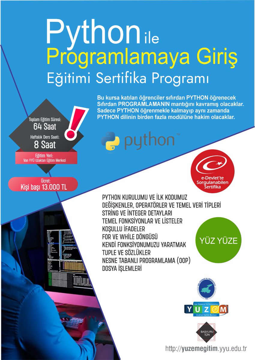 vanyuzem's tweet photo. Python ile Programlamaya Giriş Eğitim Sertifika Programı için https://t.co/46yHFKYsYV adresinden başvurabilirsiniz. https://t.co/hDIeVocbP4