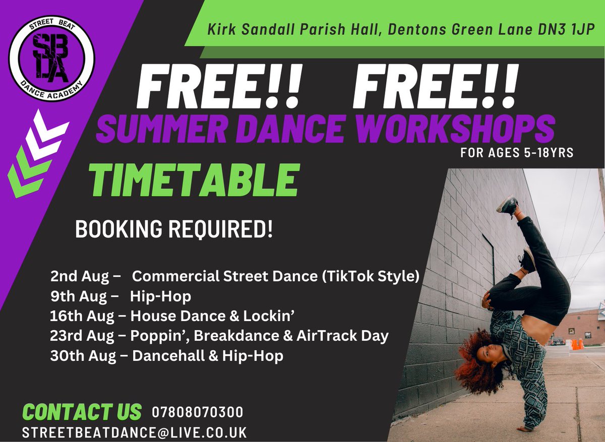 Free dance workshops in our local area during the Summer holidays! 💃🏼🤸🏻‍♂️🕺🏻