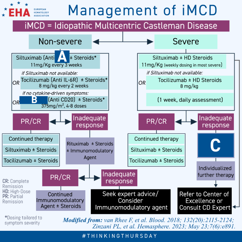 EHA_Hematology's tweet photo. Today’s EHA #ThinkingThursday is on the management of idiopathic Multicentric Castleman Disease #iMCD ahead of #Castleman Disease Awareness Day #WorldCDday.
Can you fill in A, B and C? Share your answers below or swipe for the answer.