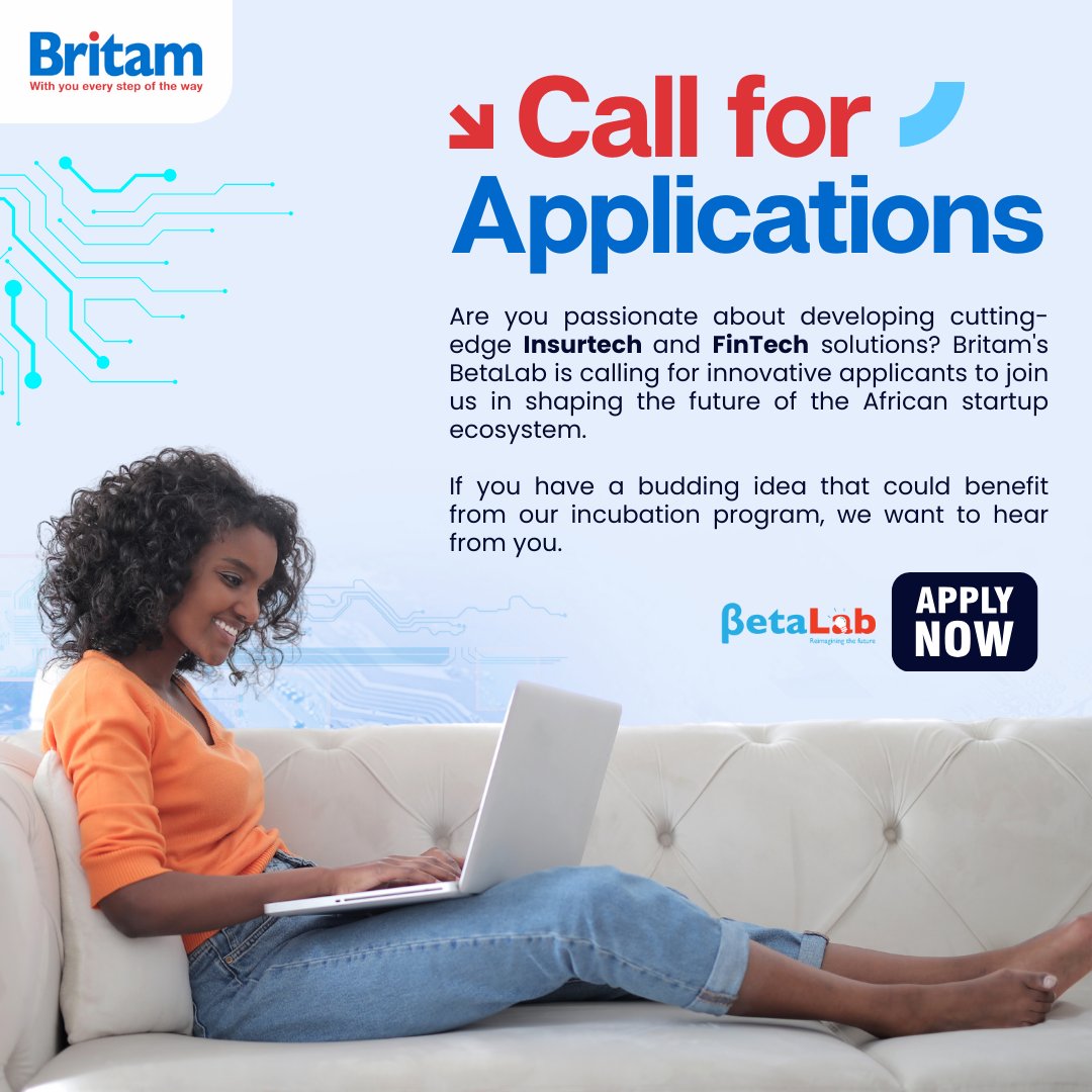 BritamEA's tweet photo. #BritamBetaLab wants YOU! 😎
Join us to shape the future of the African startup scene with Britam BetaLab, our corporate acceleration program that is designed to foster the growth and development of promising InsurTech and FinTech startups. We aim to nurture innovative ideas and fast-track product development, paving the way for transformative solutions in the industry.
If you have a groundbreaking idea that could benefit from our incubation program, we want to hear from you! Click here to apply https://t.co/1PhEsMPgQG
#FriendsForLife |#BritamBetaLab