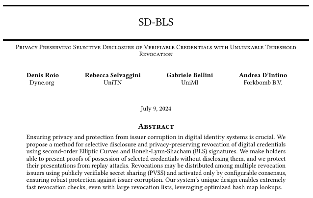 jaromil's tweet photo. ⚡️ Just uploaded SD-BLS in its final form, for publication by @IEEEorg. We are proud of this work, which may well provide the fastest privacy-preserving revocation system in the wild west of crypto 🤠
PM for pre-print, Arxiv will take a week to update https://t.co/NaboXeI2xK