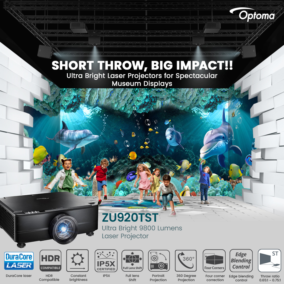 IndiaOptoma's tweet image. With Optoma&apos;s Ultra bright fixed lens Short throw laser projector -ZU920TST, bring your large venue or museum exhibits to life with stunning visuals and impeccable detail. Discover the future of projection technology today.

#Optoma #4KUHDLaserProjector #ProAVTechnology #AVTweeps