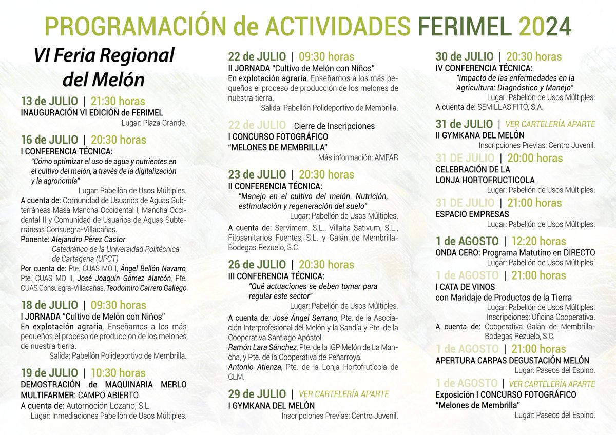FERIMEL 2024 - VI Feria Regional del Melón.
Membrilla, del 13 de julio al 3 de agosto.
Programación de actividades.
Más información en: ferimel.com

#melon #membrilla #mujeresrurales #Verano2024 

<a href="/infoFERIMEL/">FERIMEL</a>  <a href="/jorgenavas93/">Jorge Navas</a> <a href="/DiputacionCR/">Diputación de C.Real</a>  <a href="/lolamerino68/">Lola Merino🚜🇪🇸</a>
