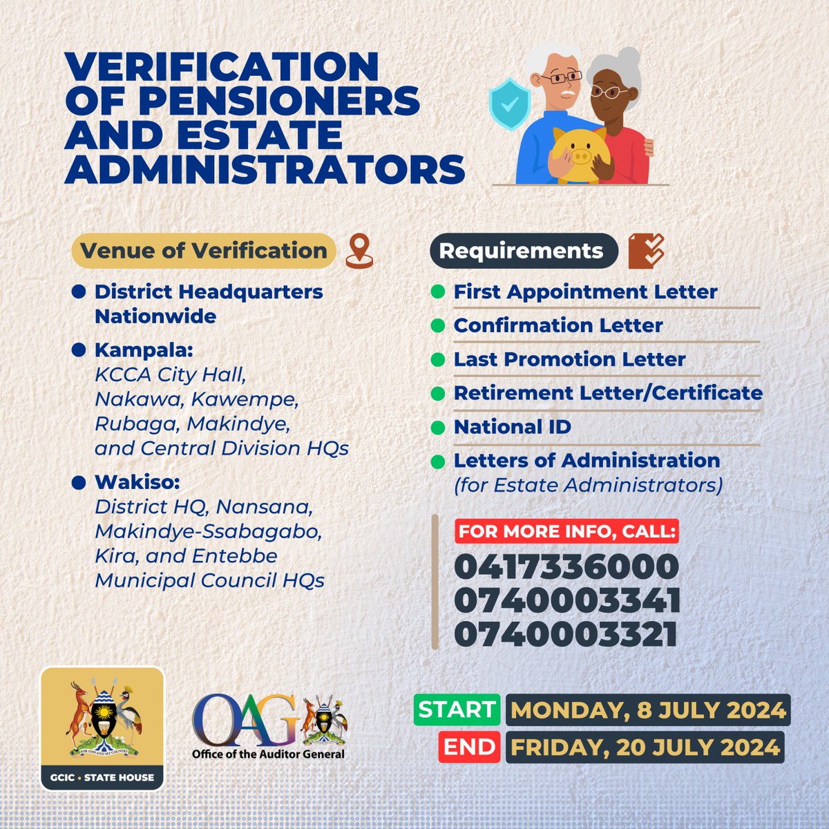 GovtKumi's tweet photo. The Office of the Auditor General is currently conducting a head count verification exercise of all pensioners at the district headquarters. We all have a duty in mobilising our senior citizens to be part of this important exercise. 
@GCICUganda https://t.co/2c1flNA0Mj