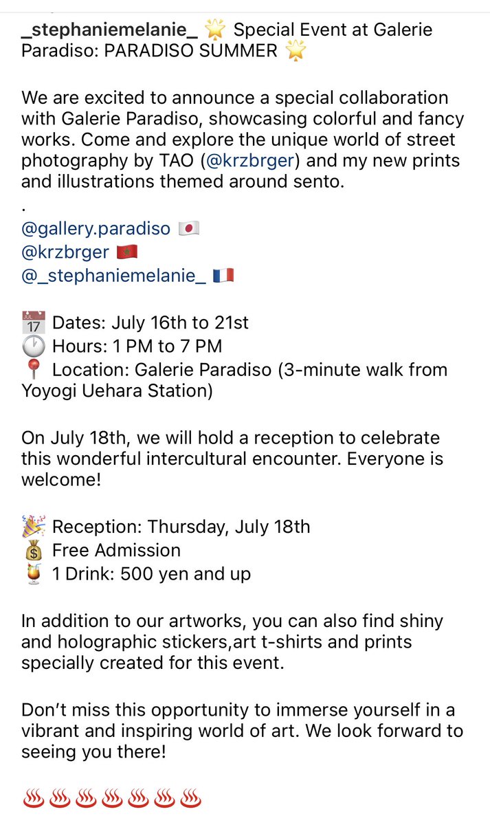 _Stephsento_'s tweet image. 🌟 ギャラリー・パラディソの特別イベント：PARADISO SUMMER 🌟

📅 日程： 7月16日～21日
🕐 時間： 13:00～19:00
📍 場所： ギャラリー・パラディソ（代々木

カラフルでインスピレーションに満ちたアートの世界に浸るこの機会をお見逃しなく。皆様のお越しを心よりお待ちしております！ &amp;gt;&amp;gt;&amp;gt;&amp;gt;&amp;gt;