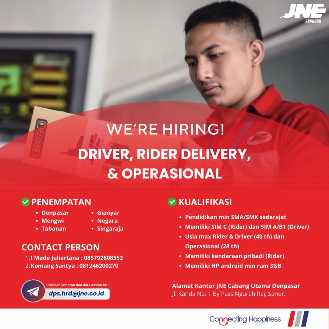 Halo semeton Bali🙌

JNE Cabang Utama Denpasar membuka kesempatan berkarir untuk #TemanJNE yang ingin bergabung bersama JNE di berbagai posisi &amp; cabang nihh

Yuk kirimkan lamaranmu ke email &amp; kontak yang tertera🤗

#LokerBali #LowonganKerja