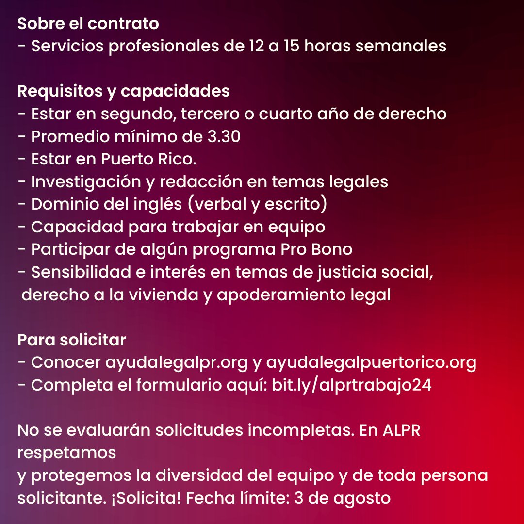 ¡Abre la convocatoria para estudiante paralegal! Si estás en alguna Escuela de Derecho en Puerto Rico y quieres ser parte de nuestro equipo, solicita. Más información y solicitud aquí:  bit.ly/alprtrabajo24
#ConocerTusDerechosEsPoder